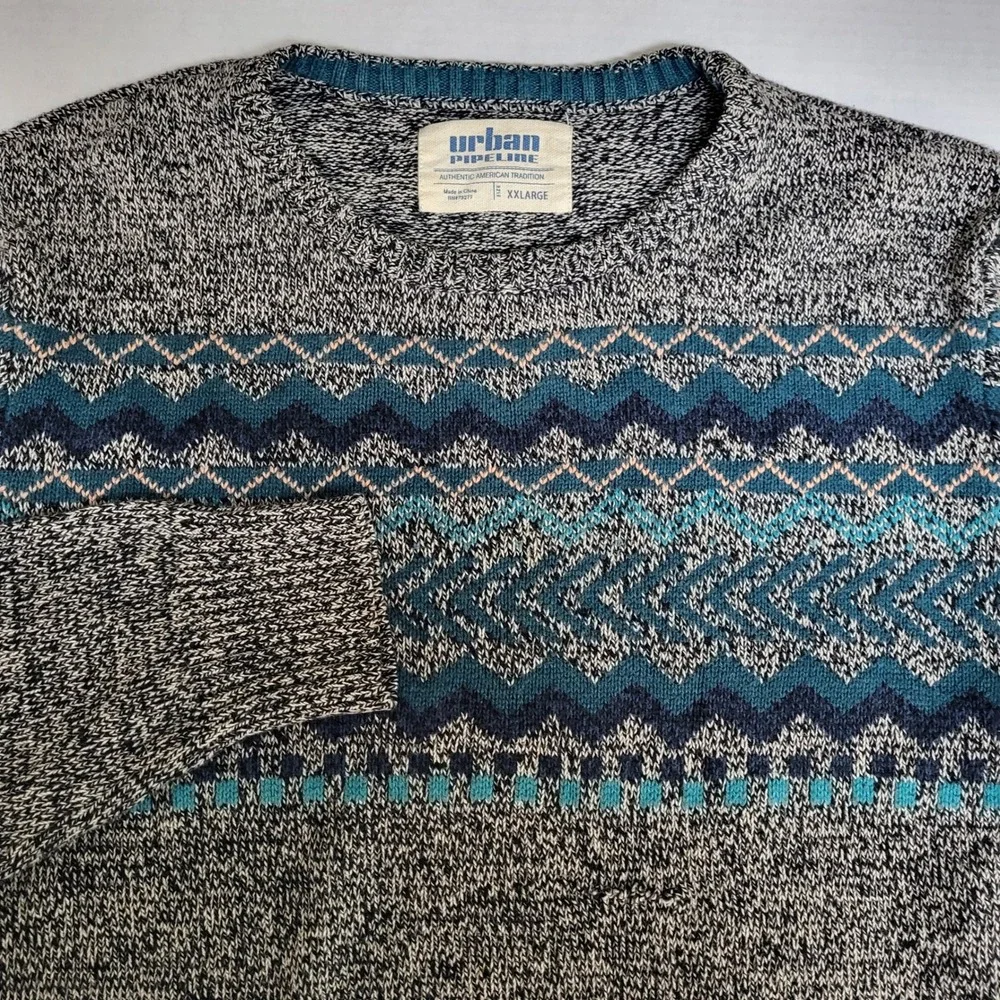 Urban Pipeline Men's XXL‎ Fair Isle Pattern Knit Sweater Blue Gray Long Sleeve